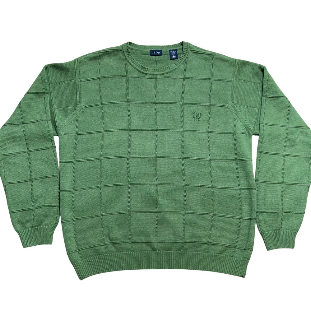 IZOD Mens Sweater Large Green Textured Grid Crewneck Cotton Knit Logo